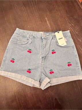 Love Tree Light Blue Denim Shorts with Red Cherry Embroidery